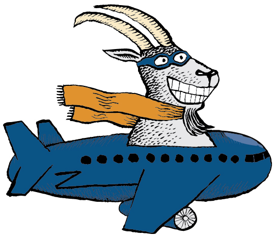 A cartoon goat flying a plane